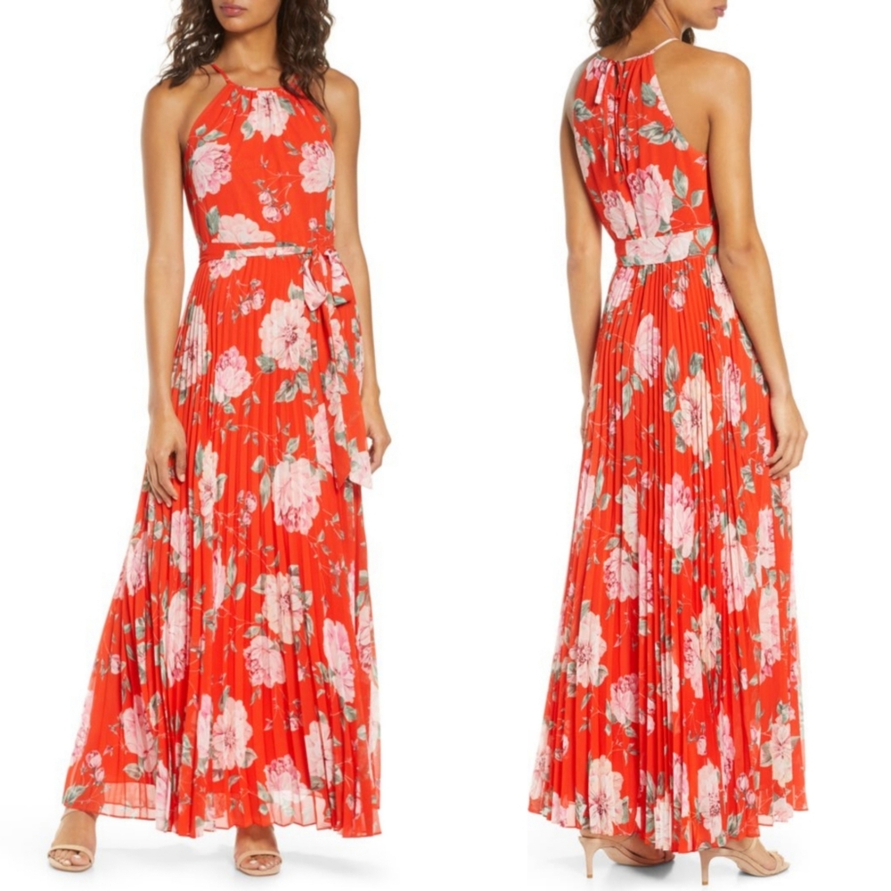 ELIZA J HALTER NECK FLORAL PLEATED DRESS